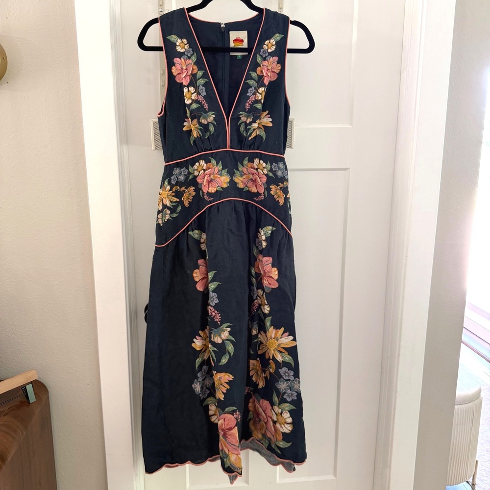 Farm Rio Maira Floral Linen Plunge Midi Dress Navy Pink Piping S Drop Waist Boho